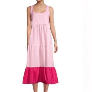 Love Ady Tiered Soft Pink and Fuchsia Tonal Colorblock Midi Dress (S)